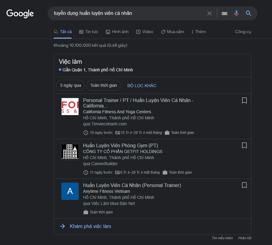 tìm kiếm nghề PT trên Google